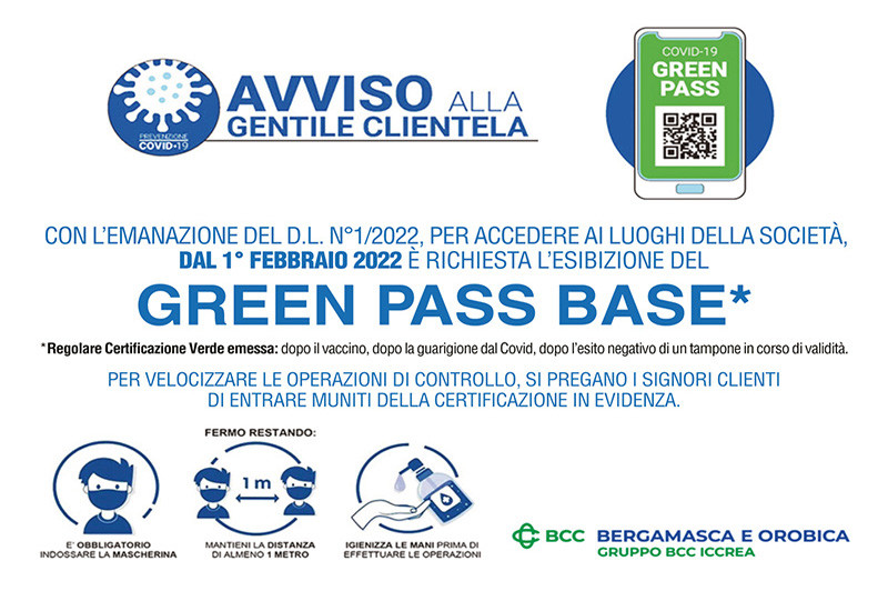 Dal 1° febbraio si accede agli sportelli solo con Green Pass Base